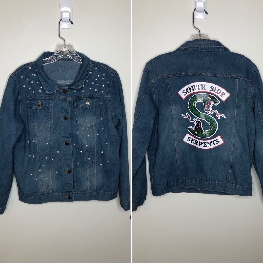 Custom made Riverdale South Side Serpents Denim Jean Jacket Faux Pearl Accents